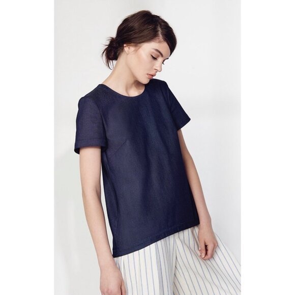 Cuyana Medium Denim Chambray Top Blouse Tie Back Blouse Short Sleeve Blue Tee - Picture 2 of 12